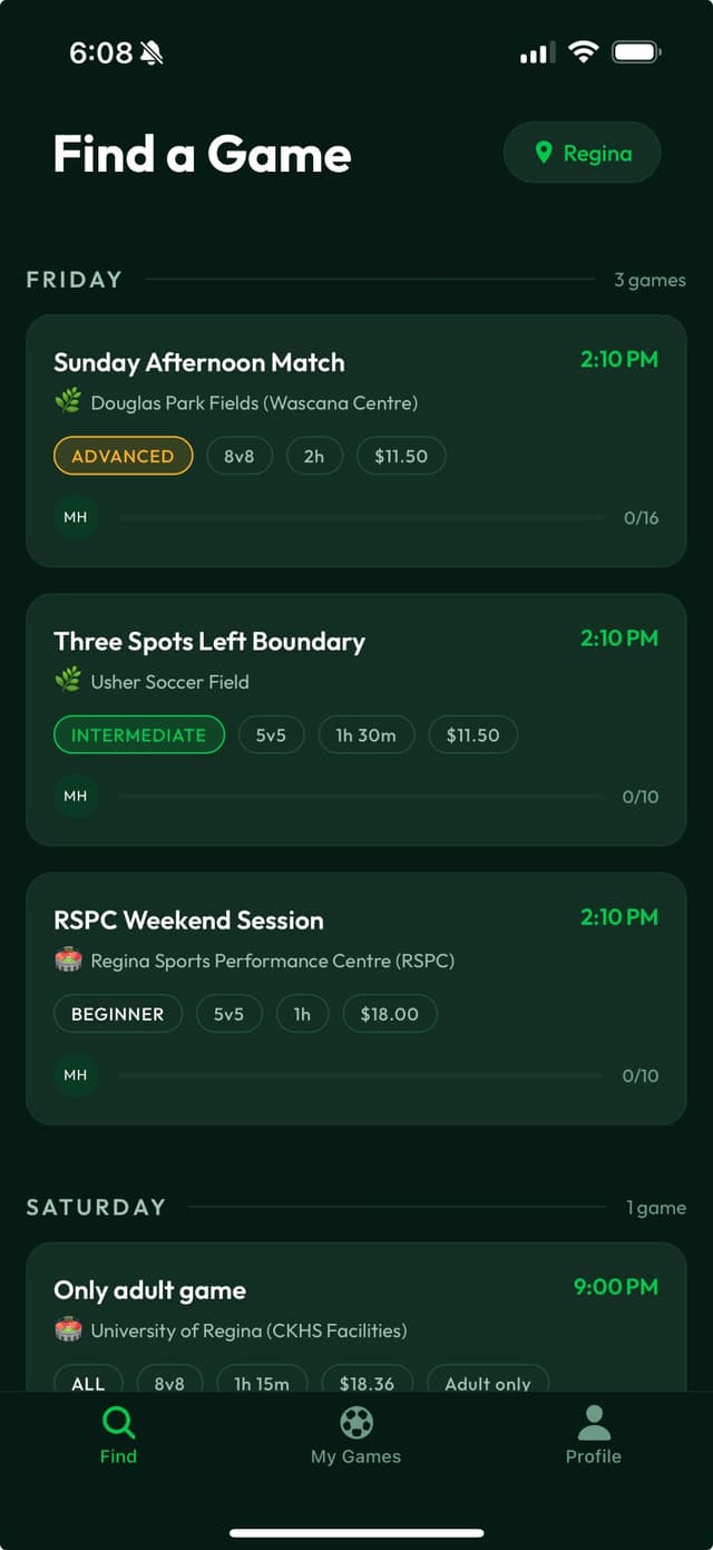 LocalRec app showing upcoming pickup soccer games near you